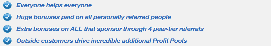 Ultimate Power Profits - Everyone helps everyone, Huge bonuses paid on all personal referrals, Extra bonuses for everyone who sponsor through 4 peer-tier referrals, Outside customers drive incredible additional profit pools.
